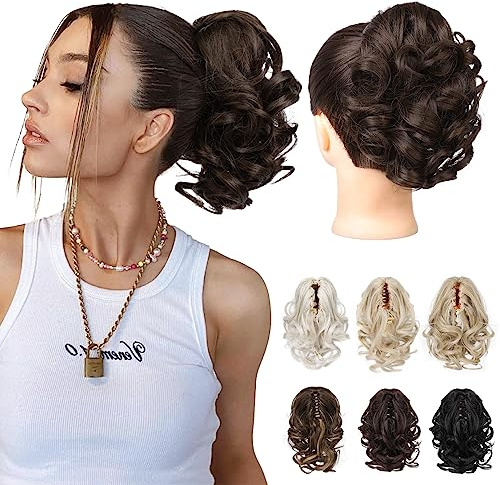 REECHO Ponytail Extension - 23 cm Kurze lockige gewellte Haarklammer Haarteil Pferdeschwänze Haarverlängerungen Haarteile für Frauen Ponytail Extension - Dunkles Schokoladenbraun