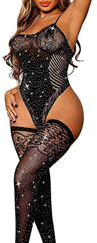 Fishnet Bodysuit Sexy Sparkle Rhinestone Mesh Lingerie Bodystocking Teddy Babydoll See Through Jumpsuit Hollow Romper Outfit Leotard Crop Tops with Tights for Clubwear Nightwear Nightgown (Black)