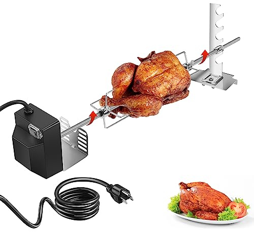 Rotisserie Grill Kit, Automatic Rotating BBQ, UL Certificated Universal Grill Rotisseries with 120V 4W Motor, 28” Spit Rod, 2 x 4 Forks, Complete Holders, and Fixing Screw for Backyard and Outdoor
