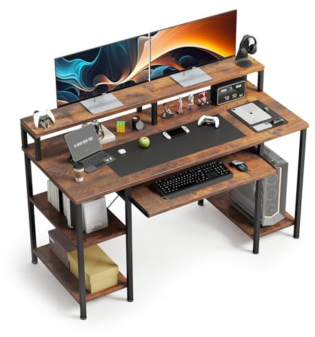 CAIYUN 120cm Computer Desk with Keyboard Tray, Home Office Desk with Monitor Stand and Storage Shelves, Study Writing Table, Work Desk for Bedroom Living Room Dorm, Rustic Brown