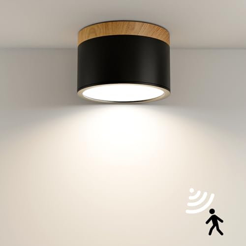 QHENS Faretti da Soffitto LED 12W con Sensore di Movimento, Plafoniera Faretto Soffitto in Alluminio Ø10.8cm 4000K, Rotondo Nero 230v, Montaggio a Superficie e a Incasso, per Scale/Corridoi/Entrata