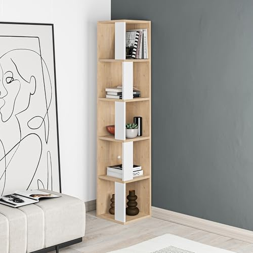 HOCUS PICUS 5 Tier Corner Bookcase with Many Colour Options, 161x34x34cm, Living Room Furniture, Easy to Assemble, Book Storage, Display Unit (Oak, White)