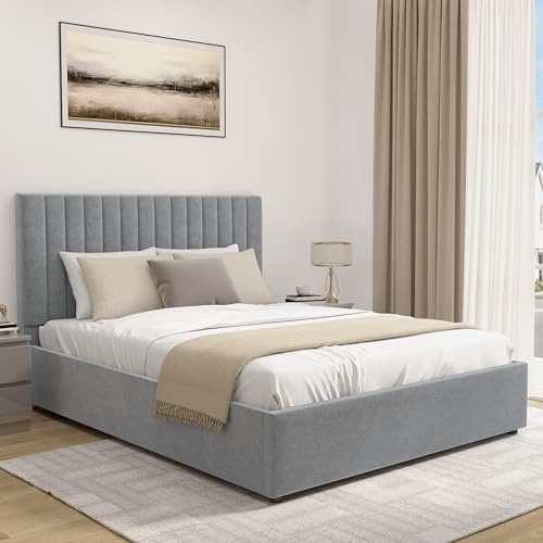 Blisswood Upholstered Ottoman King Size Bed Frame 5ft, Velvet Fabric Bed Frame With Storage, Ottoman Storage Bed With Gas Lift End Opening Wooden Slats, (Light Grey, King 5FT – No Mattress)