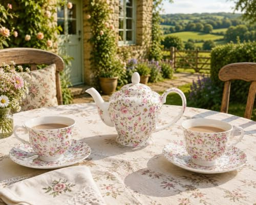 Royal Chelsea Service à thé en porcelaine anglaise pour 2 personnes, fleurs roses et violettes, 1 théière, 2 tasses et 2 soucoupes décorées à la main