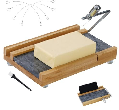 Käsehobel, Käseschneider mit 4 Ersatzschneidedraht, robust, 21 x 13,8 cm, Marmorbrett, Käsehobel für Blockkäse, Butter, Wurst, Kuchen und mehr (schwarzgrau)