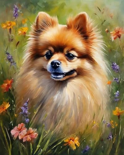 ZMHZMY Malen nach Zahlen Erwachsene,Pomeranian und Blumen DIY Handgemalt Ölgemälde Kits auf Leinwand Geschenk für Weihnachten Geburtstag Home Haus Deko,40x50cm