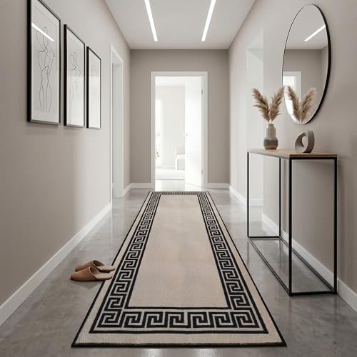 Fit Even Greeky Runner Rug – Large Washable Non-Slip Carpet for Living Room, Bedroom, Lounge, Dining, Kitchen, Modern Indoor Long Floor Rug (Beige & Black, 66x120 cm)