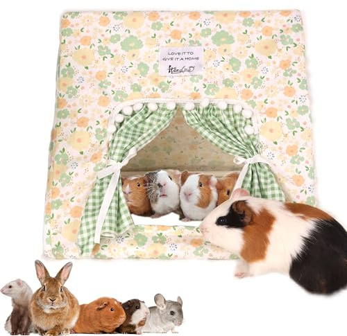 Guinea Pig Hideout Large with Curtain, Bunny Hideout, Machine Washable Guinea Pig Hide Tent Houses & Habitats, Small Animal Hideout for Pet Rabbit, Ferret, Rat, Chinchilla, Squirrel (Flower, Large)