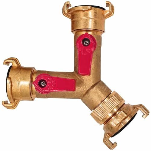 MegaHaustechnik Schnellkupplung für GEKA, Verteiler Y-Stück Durchlass 20mm | Messing, Trinkwasser geeignet, 2 Absperr-Ventile, Hähne, 2-Wege, Klauen Bajonettverschluß Schlauch Abzweig