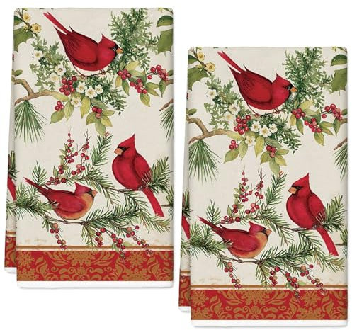 Generic AnyDesign Christmas Kitchen Towels 18 x 28 Inch Vintage Cardinal Bird Berry Dish Towel Xmas Winter Absorbent Hand Drying Tea Towel for Cooking Baking, 2Pcs