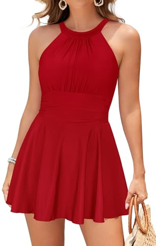 SHEKINI Women's High Neck One Piece Swimdress Ruched Tummy Control Swimsuit | Elegant High Waist, Beach Swimwear with Adjustable Straps, Modest Bathing Suit with Removable Pads, with Built-in Boyshort