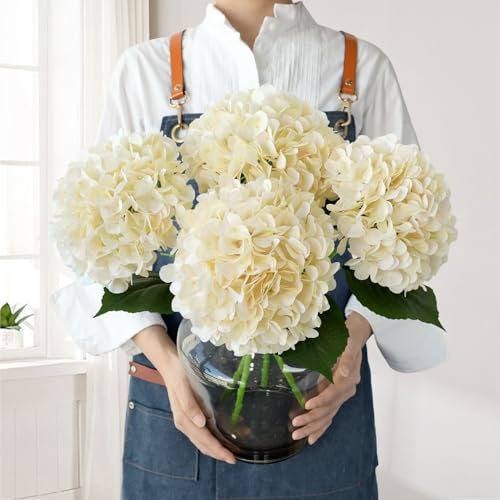 JINWOE Boho Silk Hydrangea Artificial Flowers, 4Pcs 22 Large Lifelike Fake Flowers, Artificial Hydrangeas for Indoor Outdoor Bouquet Table Centerpieces Home（Cream/Yellow）