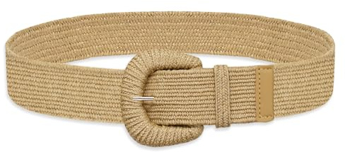 LJCZKA Dam halmvävd elastisk stretch midjebälte brett klänningsbälte flätat midjebälte för damer boho-bälten med spänne för klänning jeans, Kaffe, one size