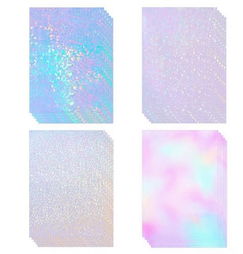 Holografische Folie, 20 Blatt Klares Vinyl Holografische Aufkleber Papier Selbstklebend, A4 Holographische für Bastelarbeiten Glasscheiben（4 Styles gemischt）