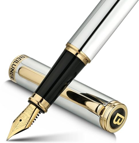 BEILUNER Silver Chrome Fountain Pen,Stunning Luxury Pens with 24K Gold Accents, Gorgeous 24K Gilded Nib(Medium), Ink Converter,Fancy Pen Gift for Men&Women-Elegant, Office, Executive,Nice for Writing