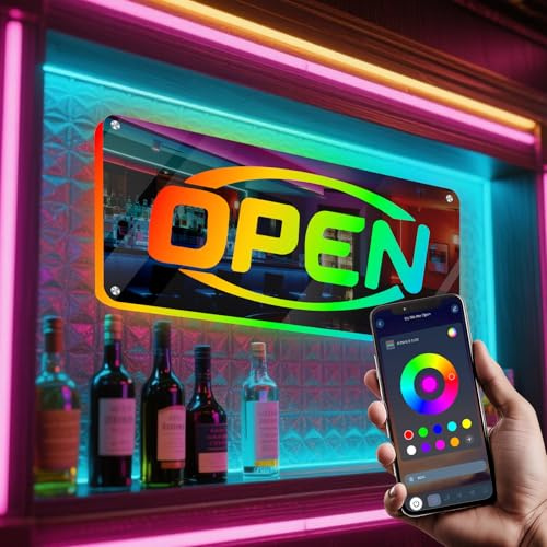Horseneon Open Spiegel Neon Schild LED Zeichen Open Neon Sign für Wanddekoration Open Leuchtschild Wand Dekor Brief Led Schriftzug Zeichen für Restaurant,Bar,Kaffee,Club,Dessert Store