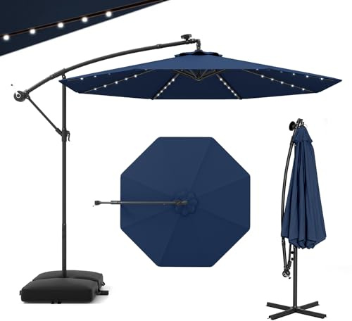 GOPLUS Parasol de Jardin Extérieur avec Pied, Parasol Déporté 3x3M, avec 40 Lampes Solaires, Toile Inclinable, Manivelle, 8 Baleines, Anti-UV, pour Terrasse Cour Patio (Bleu)