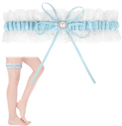AUYAO blå brud strumpband bröllopsstrumpeband bröllop för brud i en storlek elastisk blå vit spets brudsmycken med strass brudstrumpeband för bröllop fotografering fester, en, 19,8 x 5,5 x 1 cm