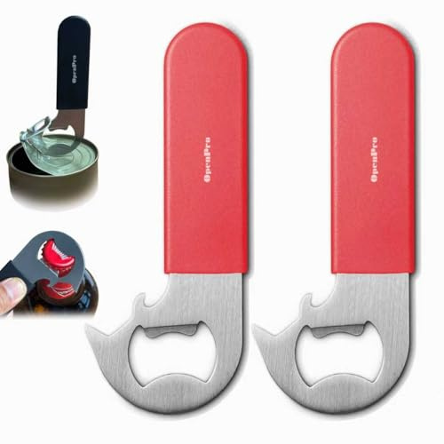 Magnetic 2-IN-1 Ring-Pull Can Opener, Beer Bottle Opener, Easy Open Any Pull Tab Cans for Seniors, Soda, Pet Food, Cat Cans, Beer, Gadgets for People with Arthritis, kitchen gadgets, 2-Pack, Red