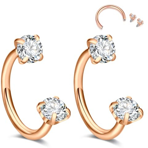 Crdifu 16G Internally Threaded Horseshoe Nose Ring, 8mm Rose Gold Horseshoe Ring Tragus Helix Rook Piercing Jewellery, 1.2mm Horseshoe Conch Snug Earrings Stainless Steel Septum Cartilage Ring CZ