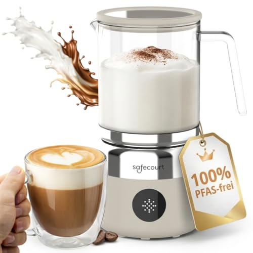Safecourt Milchaufschäumer elektrisch spülmaschinenfest - Elektrischer Milchaufschäumer Induktion [500ml Glasbehälter abnehmbar] - Milchschaum [Baristaqualität] - 7 Funktionen - Beige