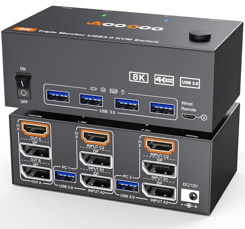 KVM-Switch 2 PC 3 Monitore 4K@144Hz 8K@60Hz, Triple Monitore HDMI + 2 Displayport KVM Switch mit 4 USB 3.0 Anschlüssen, kabelgebundener Fernbedienung, Netzteil und USB 3.0 Kabel