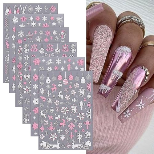 Christmas Nail Stickers Pink - 6 Sheets Decals Self Adhesive Nail Art Stickers with Snowflake Snowmen Reindeer Bell Pattern - Stitch Nail Stickers Nail Accessories Decoration
