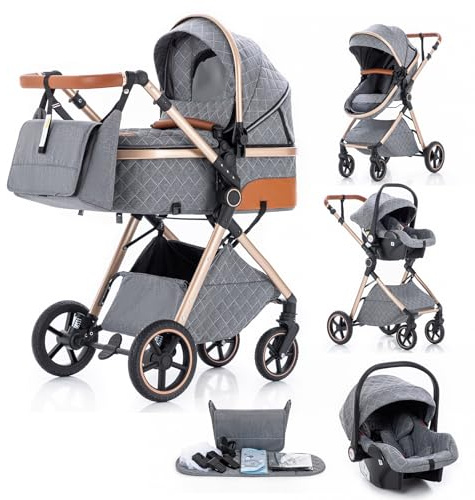 Gcarebb Passeggino 3 in 1, Passeggini Combinati Con Seggiolino Auto, Passeggino Con Maniglia Regolabile in Altezza, Design Panoramico, Telaio in Alluminio, Adatto per Neonati