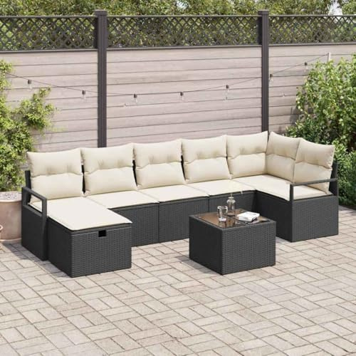 Tonture Garten Loungeset 8-teilig, Schwarz & Creme Poly-Rattan, UV-beständig, Modular, mit Stauraum, für Terrasse, Balkon, Außenbereich
