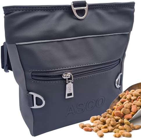 ASCO godisväska för hundar med enhandssnäppstängning, foderpåse med silikoninsats, premium godispåse med mobiltelefonfack och bajspåsdispenser 20 x 20 cm