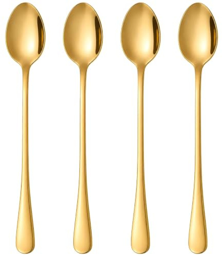 CiiVii 4-Piece Gold Latte Spoons, 19.6cm Long Handle Coffee Spoons | Stainless Steel Teaspoons For Iced Tea, Espresso, Tall Glasses And Desserts, Suitable For Home Coffee Bars And Entertaining.