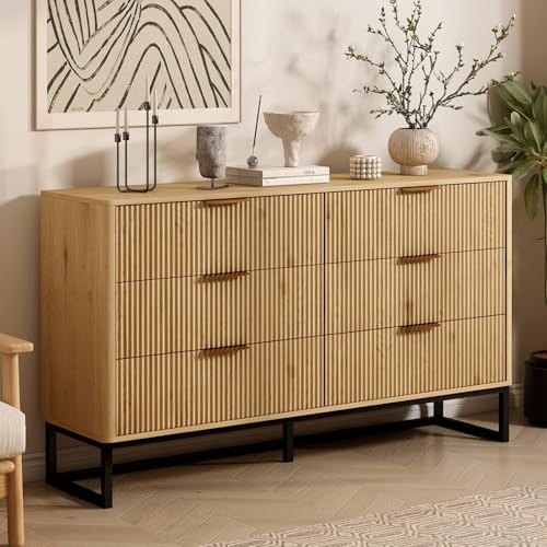 OOFAYJIA Sideboard Cabinet with 6 Drawers, Fluted Chest of Drawers, Natural | Farmhouse Dresser Storage Cabinet with Metal Legs for Living Room Kitchen Bedroom Hallway