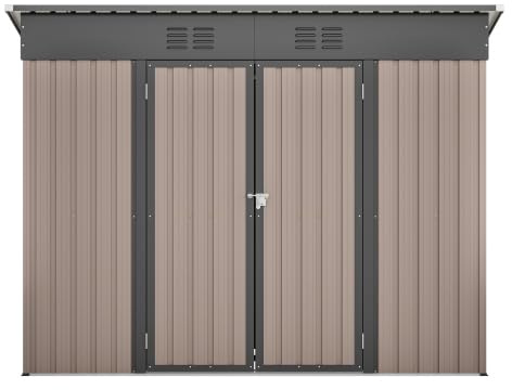 Metallskjul brun 242 x 126 x 182 cm – väderbeständigt trädgårdsskåp med snedtak och ventilation – basram för trädgård, terrass, cykel – låsbar, rostfri