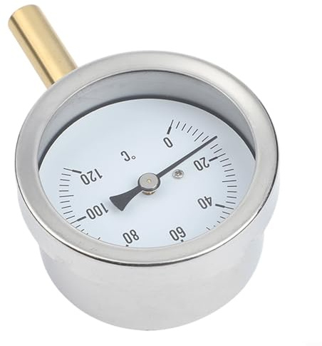 Bimetallthermometer 0 bis 120 Grad für Celsius mit 63 mm für Zifferblatt und Kupferhülse für Kesselheizung und Außenofen, Silber-Gold-Finish