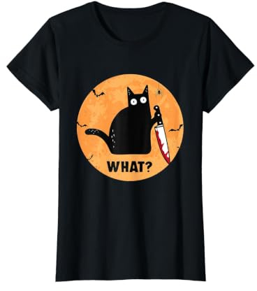 Chat Noir d'halloween avec Couteau ensanglanté Quoi ? T-Shirt Graphique avec Valeur