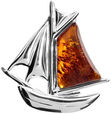 Brosche - Schiff - Silber 925/000 - Bernstein