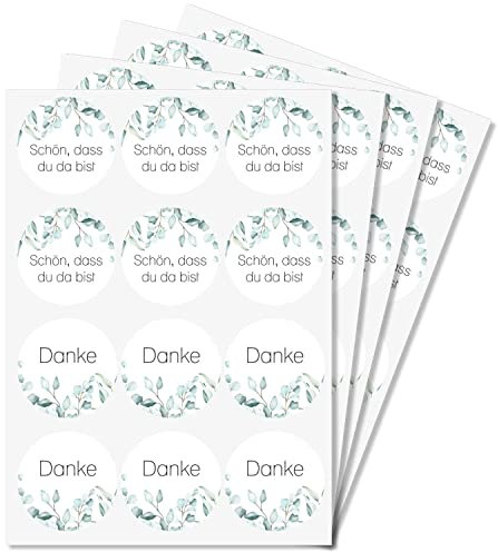 Runde Hochzeitsaufkleber-Set - Eukalyptus Design 48 Stück Set, 24x Danke & 24x Schön, dass du da bist - 4cm Durchmesser, DIN A5 Bogen - Perfekte Ergänzung zur Hochzeitsdeko - dv1216