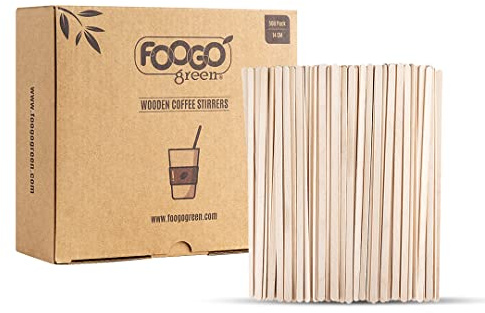 FOOGO Green 500pcs Wooden Coffee Stirrers, Extra Long 14cm / 5.5, FSC® Certified, Cocktail Stirrers, Wooden Sticks for Craft, for Cold and Hot Drinks, Eco-Friendly, Compostable and Sturdy