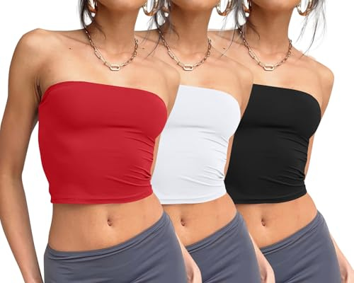 Trendy Queen Womens 3 Pack Strapless Tube Tops Black White Red S