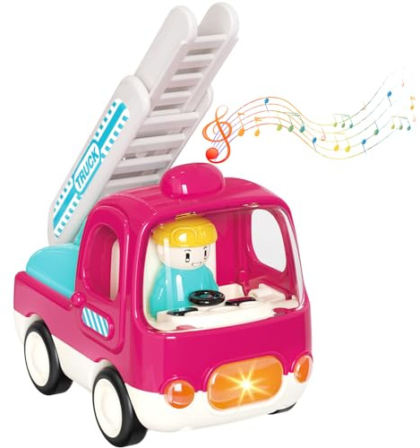 Yerloa Camion de Pompier Jouet avec Sonore et Lumineux, Voiture Jouet Bebe 1 an Construction Véhicule Enfant avec L'échelle Extensible, Garcon Voiture Enfant 1 2 3 Ans Garçons et Filles