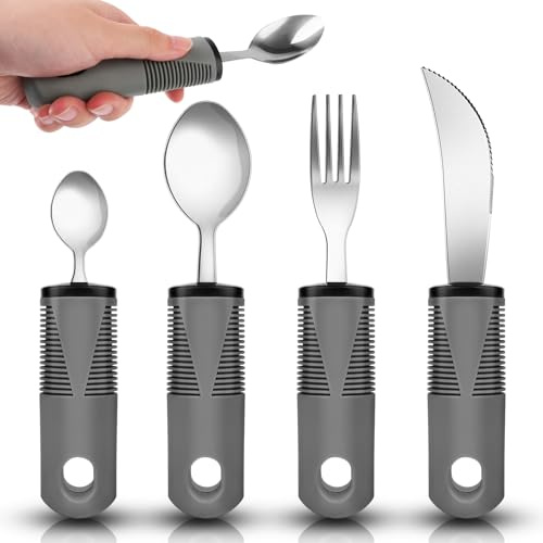 Cutlery for Arthritic Hands Set of 4 Easy Grip Cutlery Adult Extra Wide Handles Disabled Cutlery for Adults with Knife Fork Spoon for Disabled Arthritis People Elderly Parkinson（Grey）