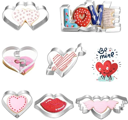 Heart Cookie Cutter, 8pcs Metal Geometric Cutters-Kiss Love Shape Biscuit Pastry Cutters for Baking Sandwich Cake Decorating-Valentine Gifts Him Her Wife Husband and Kids Clay DIY
