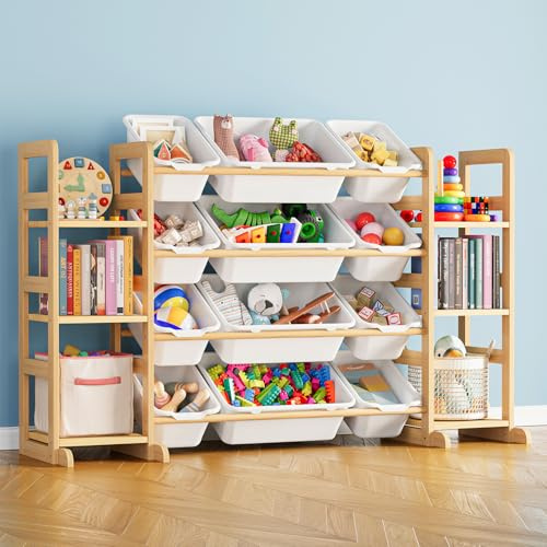 SpaceAid Toy Storage Organizer with 6 Shelves and 12 Bins, Bookshelf/Bookcase, Kids Bin Shelf, Toys Box for Playroom Organization for Bedroom & Room Decor, White, 52.3 W