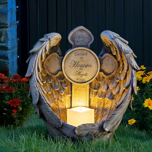 12 Angel Wings Memorial Statue with Cross & LED Candle, Bereavement Condolence Gift, Remembrance Garden Figurine Decor, Waterproof Garden Sculpture Sympathy Gifts for Women, Mom, Grandma, Lover
