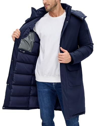 Voqeen Giacca Invernale Uomo Lungo Caldo Giubbotto Parka Imbottito Termico con Cappuccio Rimovibile Cappotto con Cerniera e Tasche da Lavoro Antivento