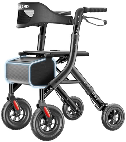 HOMLAND Foldable Rollator Walkers for Seniors with Seat, 10 All-Terrain Wheels & Curb Climber, 16.4 lb Lightweight Walker with Lockable Brakes, 300 lbs Capacity, Black