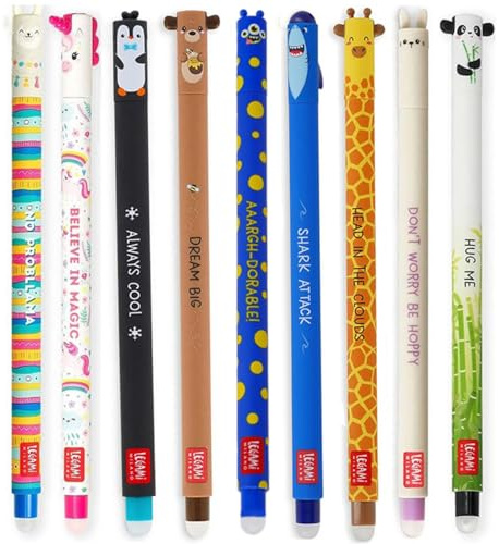 LEGAMI Lot de 9 stylos gel effaçables avec motifs d'animaux différents : requin, girafe, panda, lama, licorne, bunny, pingouin, ours en peluche et monstre
