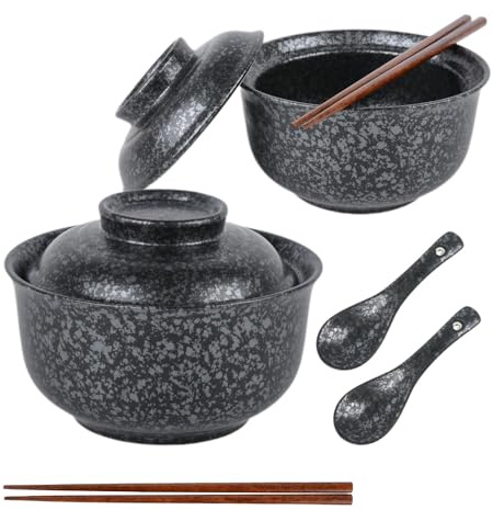 2-teiliges 750 ml Ramen-Schüssel-Set aus Keramik mit Deckel, Suppenschüsseln, Pho, japanische Vintage-Ramen-Schüssel für Müsli, Mikrowellen- und Spülmaschinenfest (Schwarz)