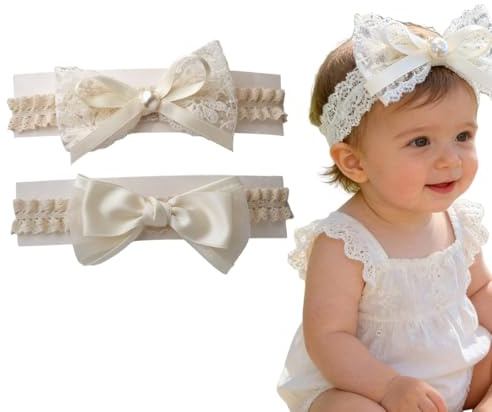 MIRKUZI Baby Girls' Headbands, Fasce per capelli per bambine, 2 pezzi, elastiche con fiocchi, adatte per battesimi, accessori per bambine (bianco sporco)