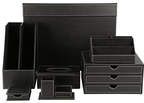 KINGFOM 7pcs Büro Schreibtisch Set - Schreibtisch Organisator, Schubladenbox, Schreibunterlage, Kosmetiktücherbox, Zeitschriftensammler Halter, Stifthalter mit Visitenkartenhalter und Zettelbox